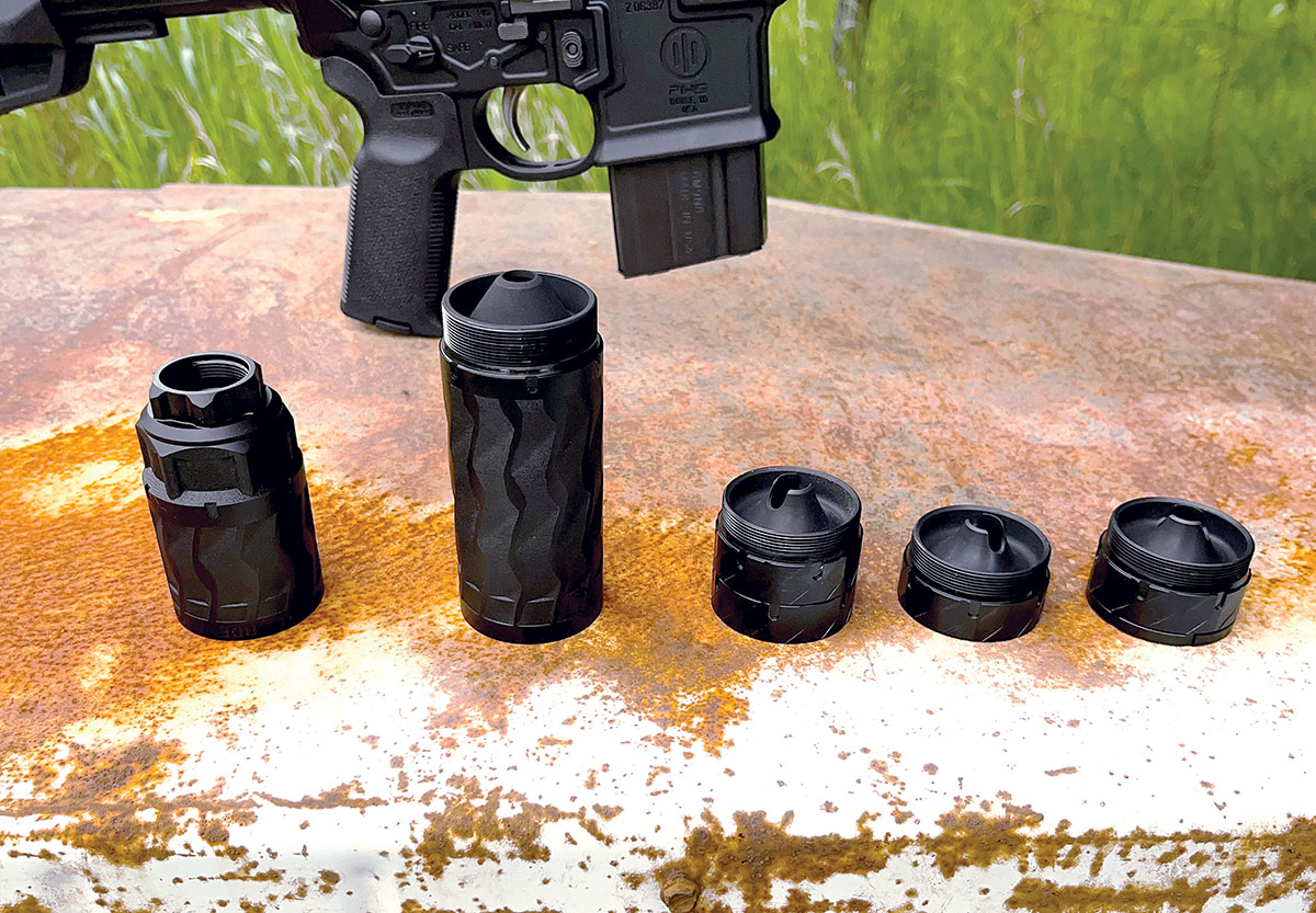 The suppressor includes modular baffles, allowing customization of balance and the amount of shot suppression needed. Tapered threading between the baffles prevents carbon seizing.